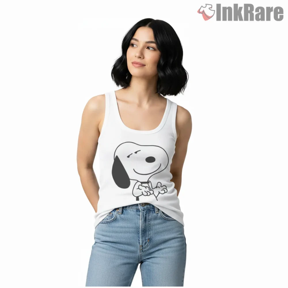 Funny Snoopy Close Up Smirk Shirt on white tank top for women graphic tee