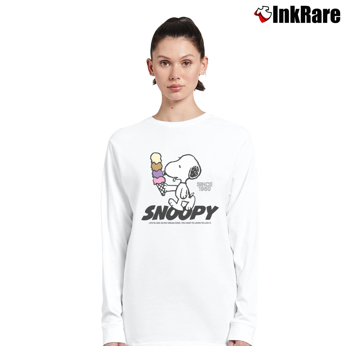 Funny Snoopy Since 1950 Life Is Like An Ice Cream Cone You Have To Learn To Lick It Women’s Long-Sleeve Top in white – Effortless Layer Women’s Funny Snoopy Since 1950 Life Is Like An Ice Cream Cone You Have To Learn To Lick It Long-Sleeve Top in white | Sleek, Versatile, All-Season