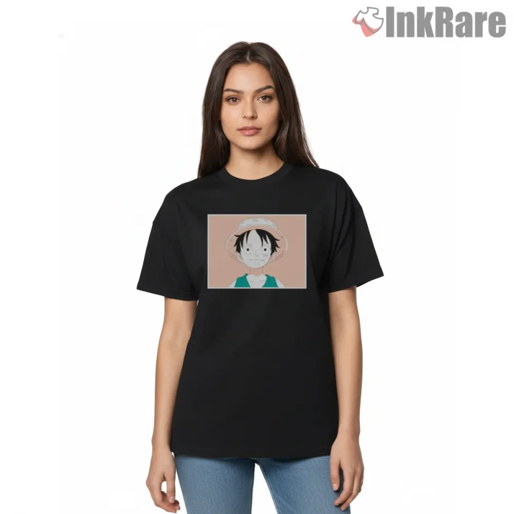 Funny Straw Hat Luffy Cute Reaction Anime Shirt on black short sleeve shirt for women graphic tee