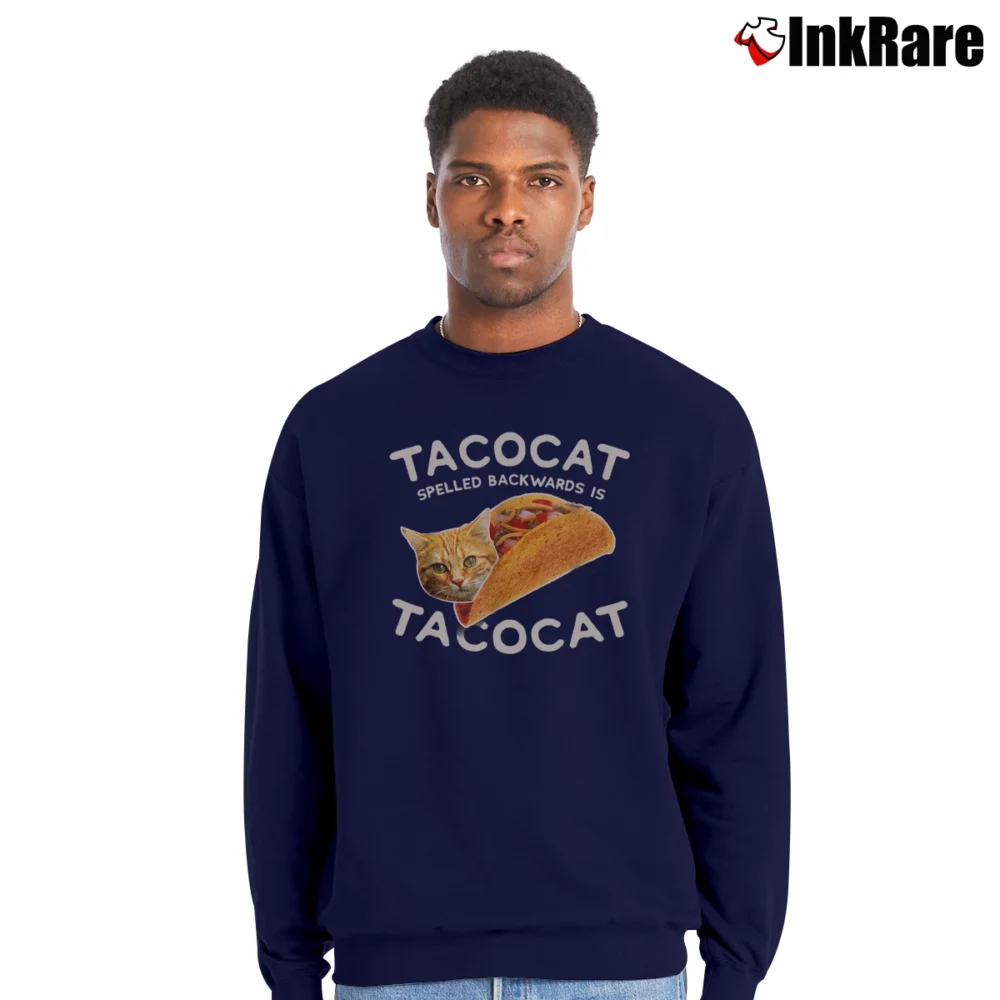 Men’s Funny Taco Cat Spelled Backwards Crewneck Sweatshirt in navy | Cozy Fabric, Clean Style