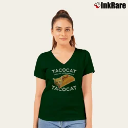 Women’s Funny Taco Cat Spelled Backwards V-Neck Tee in forest green | Chic Neckline, Soft Texture