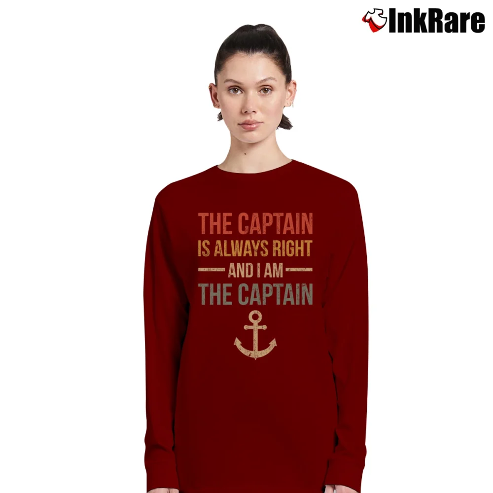 Women’s Funny The Captain Is Always Right Boating Long-Sleeve Top in maroon | Sleek, Versatile, All-Season