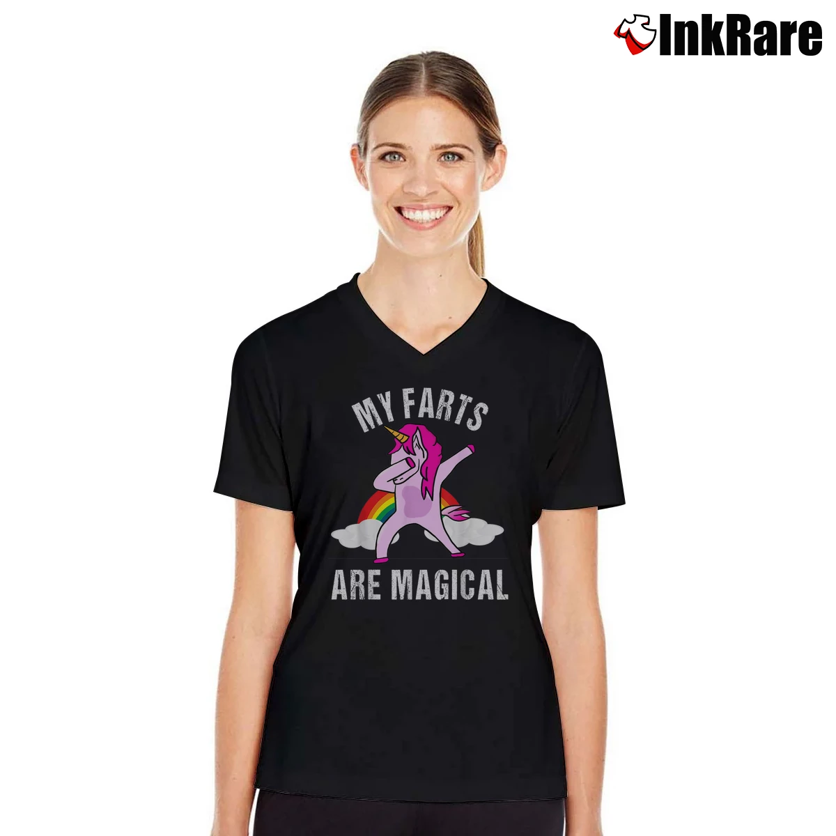 Women’s Funny Unicorn My Farts Are Magical V-Neck Tee in black | Chic Neckline, Soft Texture