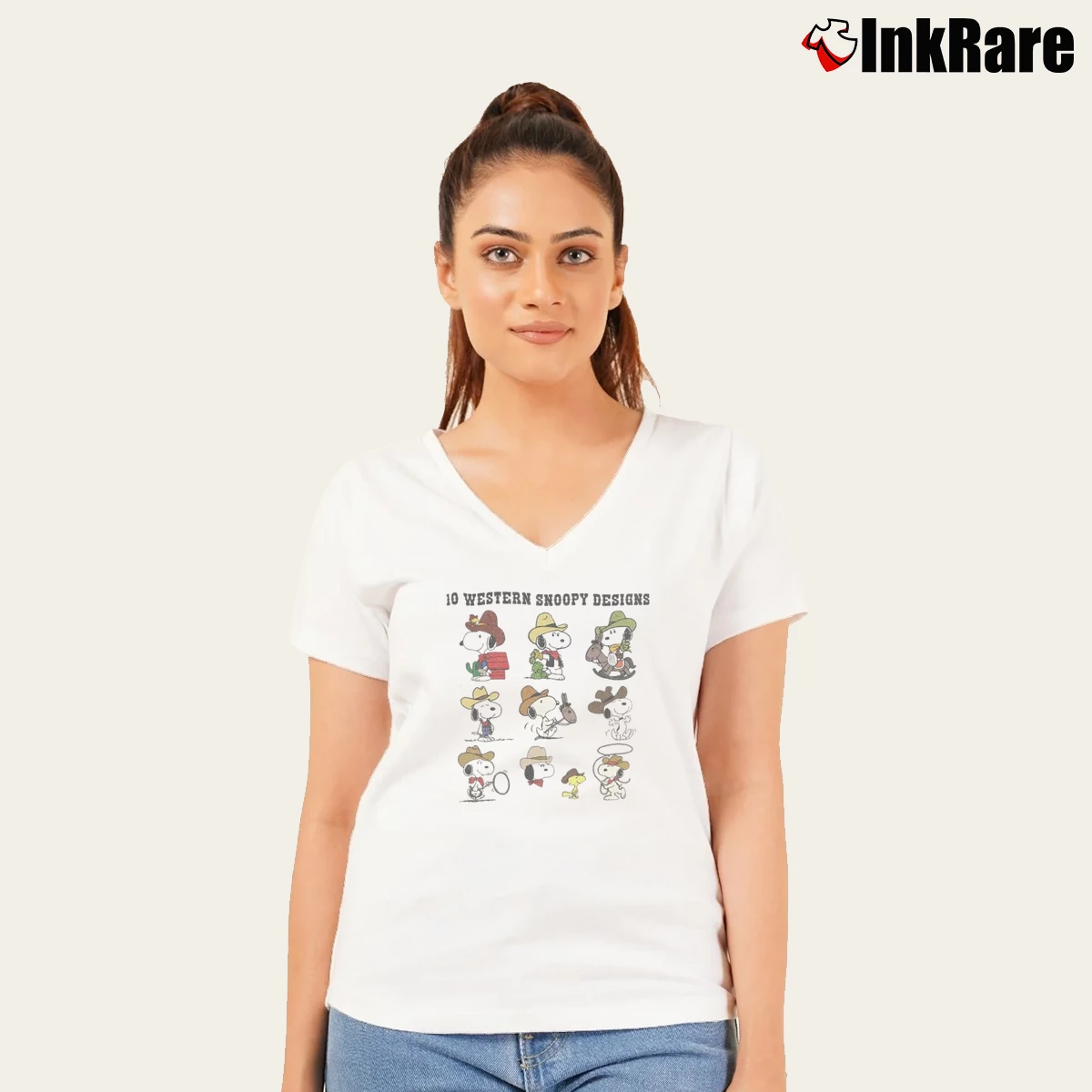Funny Western Snoopy Cartoon Women’s V-Neck Tee in white – Flattering Fit Women’s Funny Western Snoopy Cartoon V-Neck Tee in white | Chic Neckline, Soft Texture