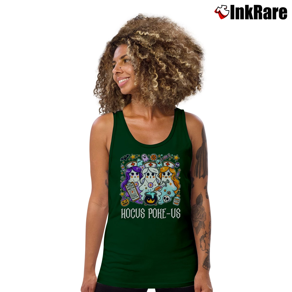 Women’s Funny Witches Nurse Spooky Halloween Tank Top in forest green | Lightweight, Movement-Friendly