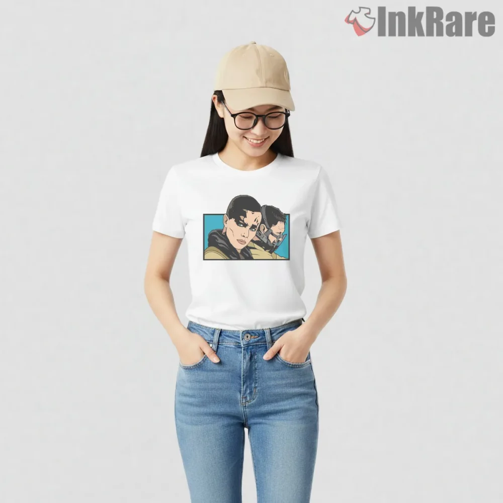 Furiosa And Max Duo Portrait Comic Style Shirt on white short sleeve shirt for women graphic tee