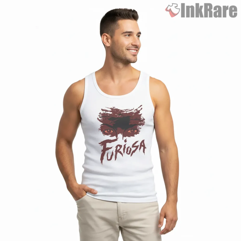 Furiosa Ink Brush Eyes Portrait Mad Max Shirt on white tank top for men graphic tee