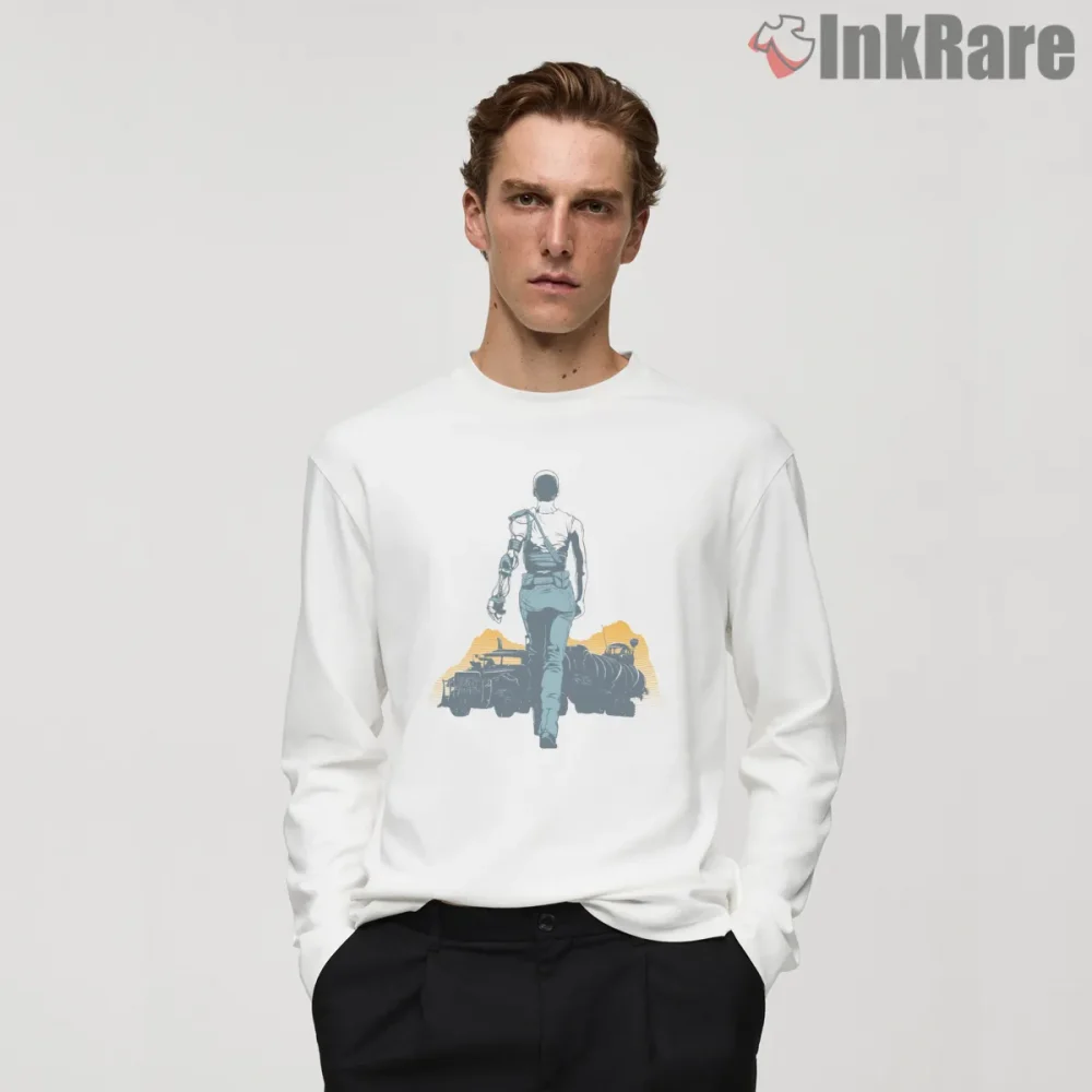 Furiosa Walk To Redemption Desert Scene Graphic Shirt on white long sleeve shirt for men graphic tee