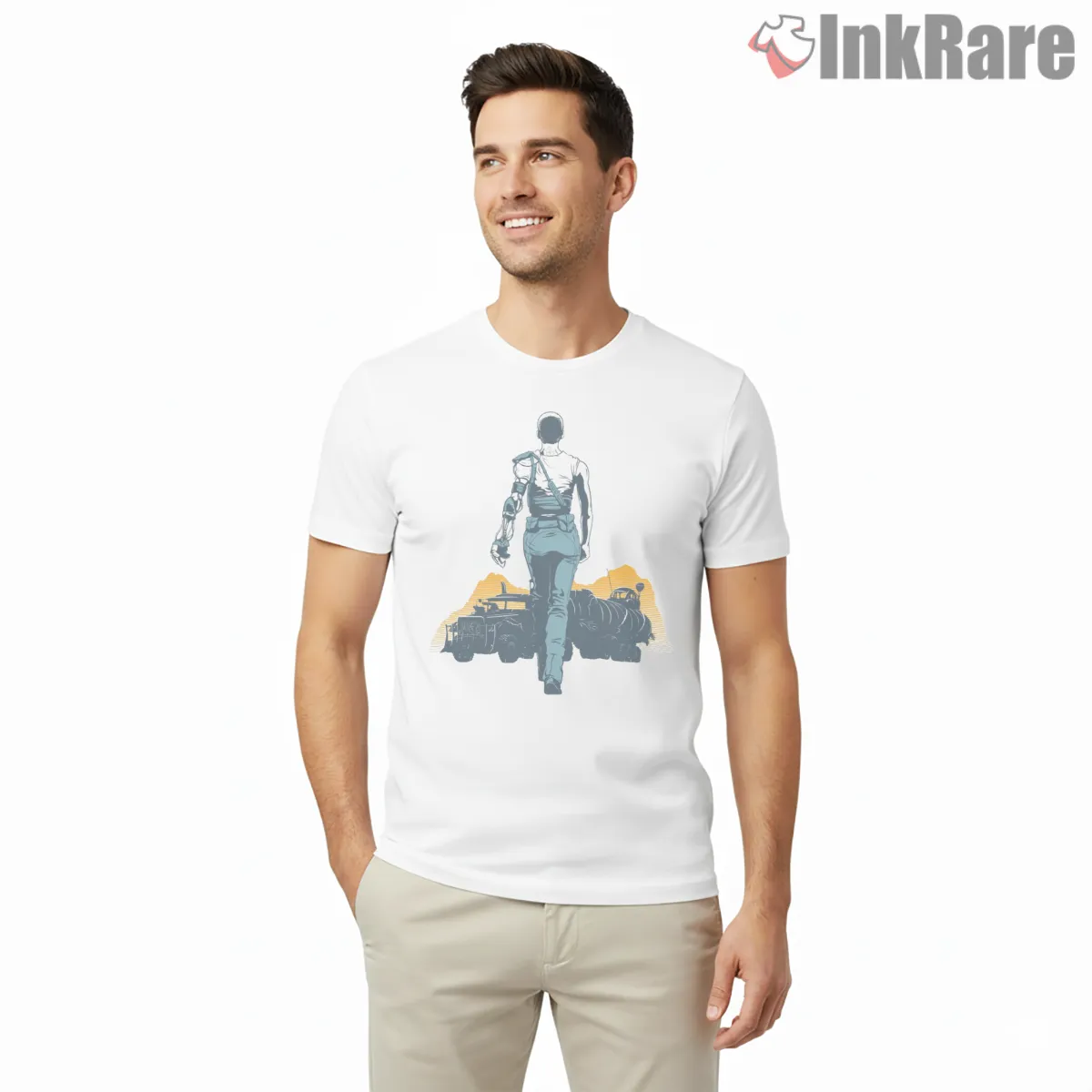 Furiosa Walk To Redemption Desert Scene Graphic Shirt on white short sleeve shirt for men graphic tee