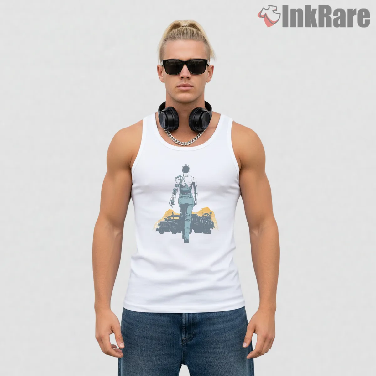 Furiosa Walk To Redemption Desert Scene Graphic Tank Top White Furiosa Walk To Redemption Desert Scene Graphic Shirt on white tank top for men graphic tee