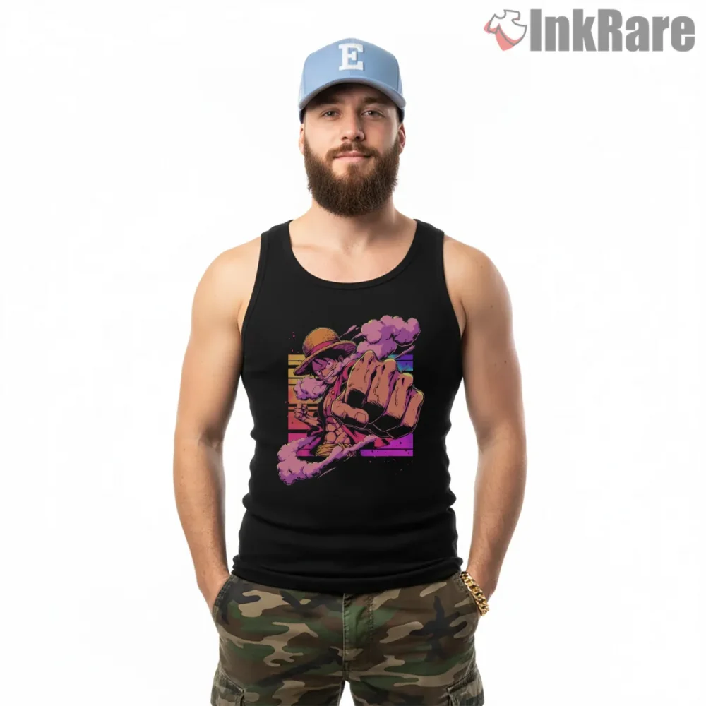 Future Pirate King Luffy Neon Power Anime Shirt on black tank top for men graphic tee