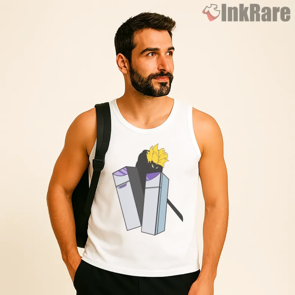 Future Swordsman Against Evil White Poster Shirt on white tank top for men graphic tee