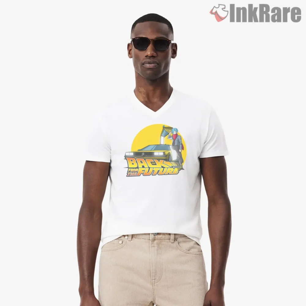 Future Trunks Back From The Future Capsule Car Shirt on white v-neck shirt for men graphic tee