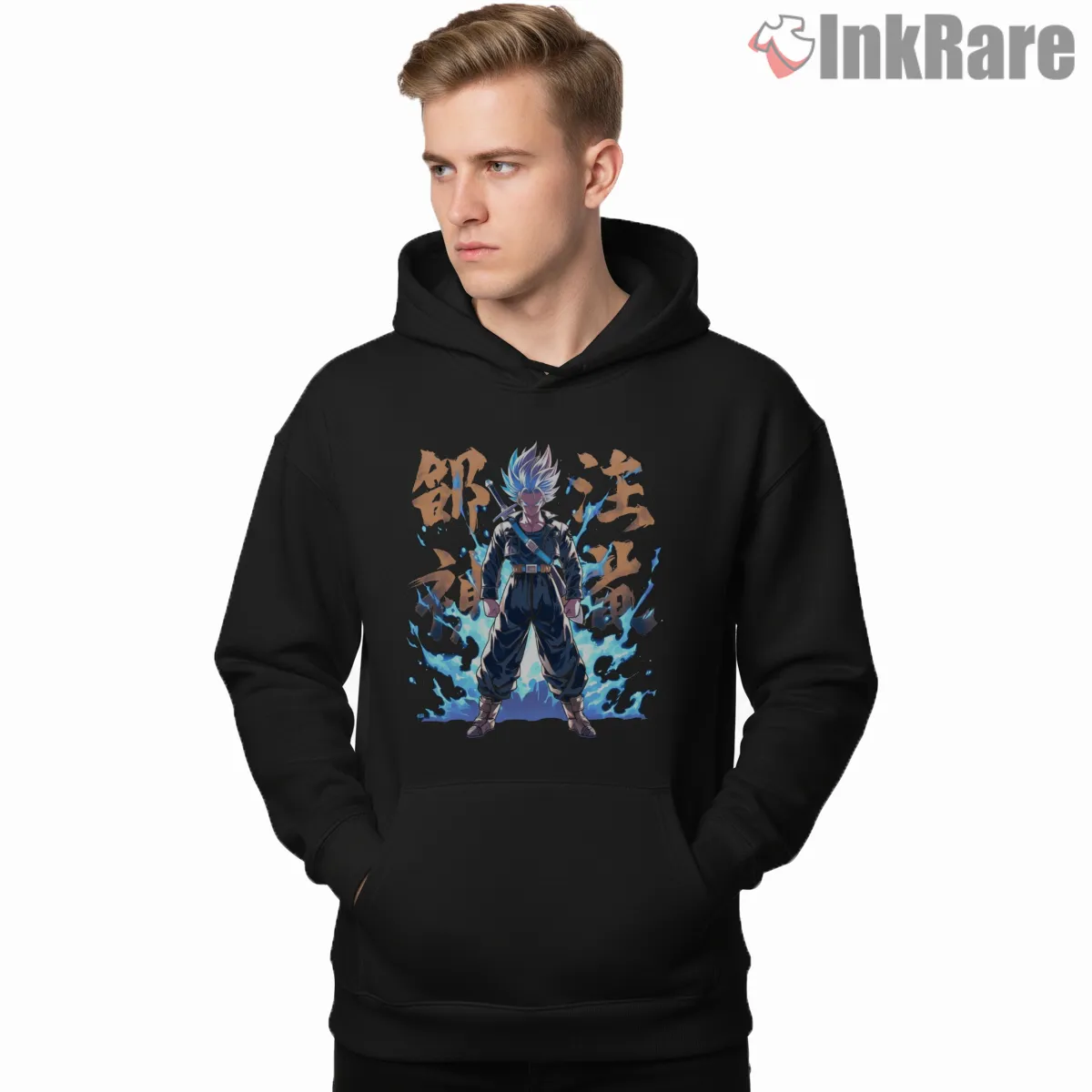 Future Trunks Blue Aura Warrior Hoodie Black Future Trunks Blue Aura Warrior Shirt on black hoodie for men graphic tee