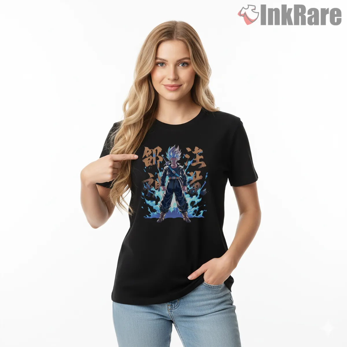 Future Trunks Blue Aura Warrior Short Sleeve Black Future Trunks Blue Aura Warrior Shirt on black short sleeve shirt for women graphic tee