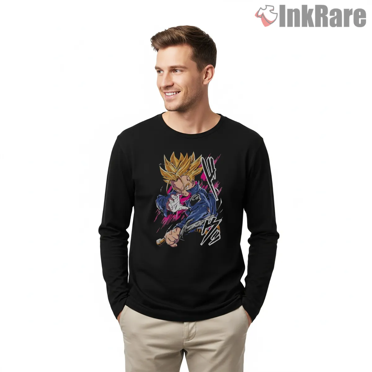 Future Trunks Dynamic Sword Strike Long Sleeve Black Future Trunks Dynamic Sword Strike Shirt on black long sleeve shirt for men graphic tee
