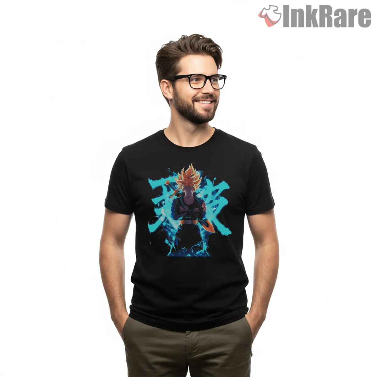 Future Trunks Super Saiyan Blue Slash Short Sleeve Black Future Trunks Super Saiyan Blue Slash Shirt on black short sleeve shirt for men graphic tee
