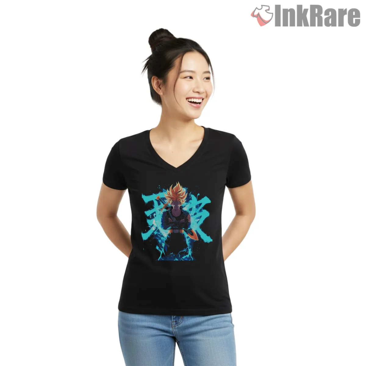 Future Trunks Super Saiyan Blue Slash V Neck Black Future Trunks Super Saiyan Blue Slash Shirt on black v-neck shirt for women graphic tee