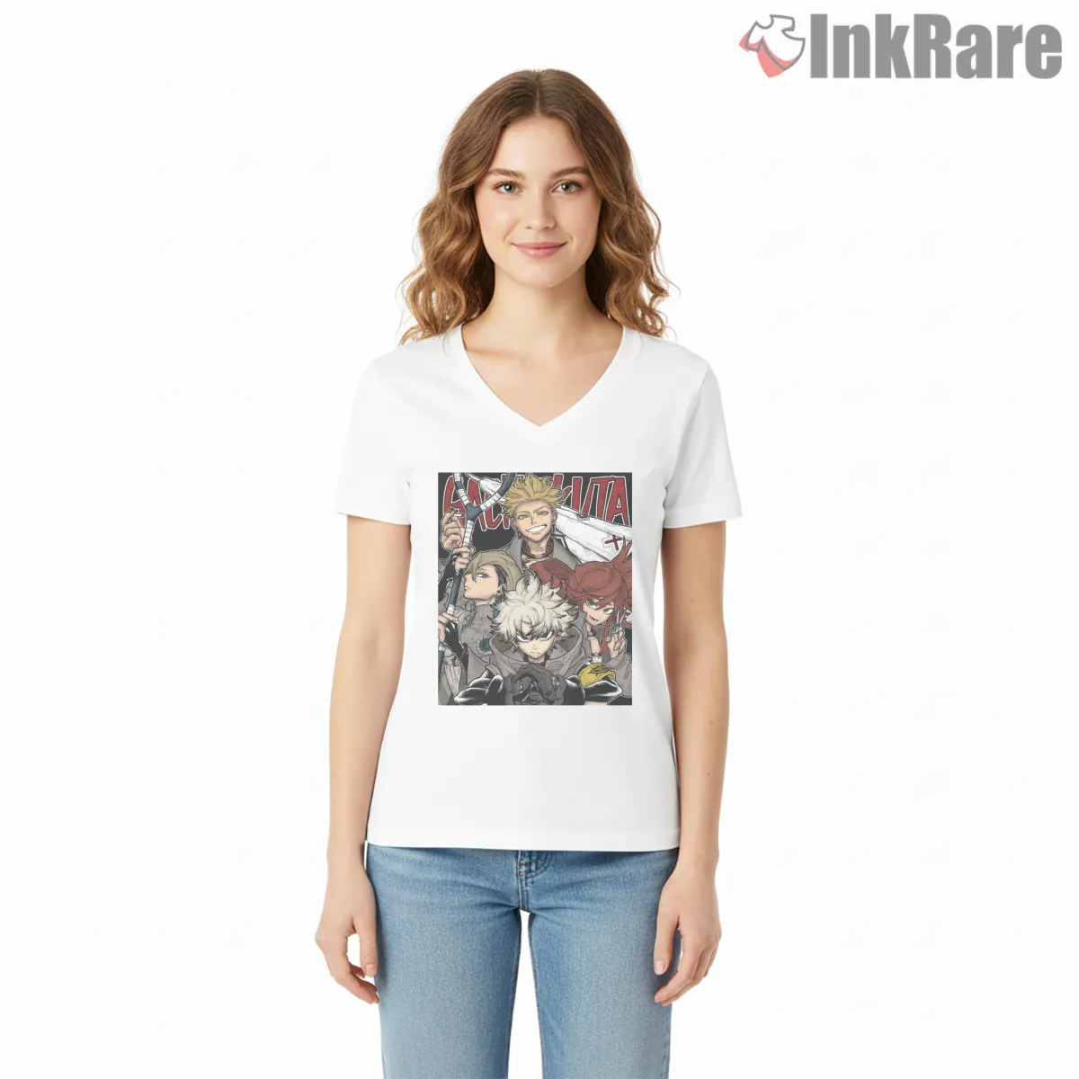 Gachiakuta Character Collage Layered Portrait Anime Shirt on white v-neck shirt for women graphic tee