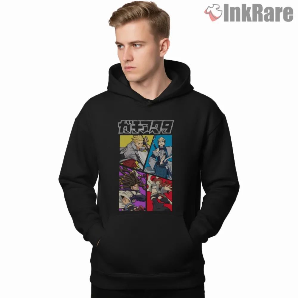 Gachiakuta Character Panel Color Block Anime Shirt on black hoodie for men graphic tee