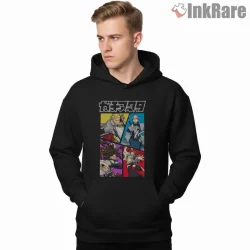 Gachiakuta Character Panel Color Block Anime Shirt on black hoodie for men graphic tee