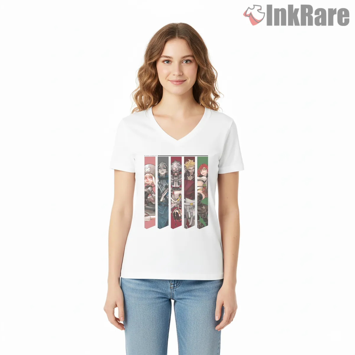 Gachiakuta Character Panel Multi Cast Vertical Layout Anime Shirt on white v-neck shirt for women graphic tee