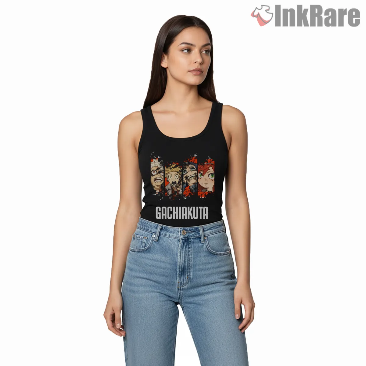 Gachiakuta Cleaners Group Reaction Panel Anime Shirt on black tank top for women graphic tee