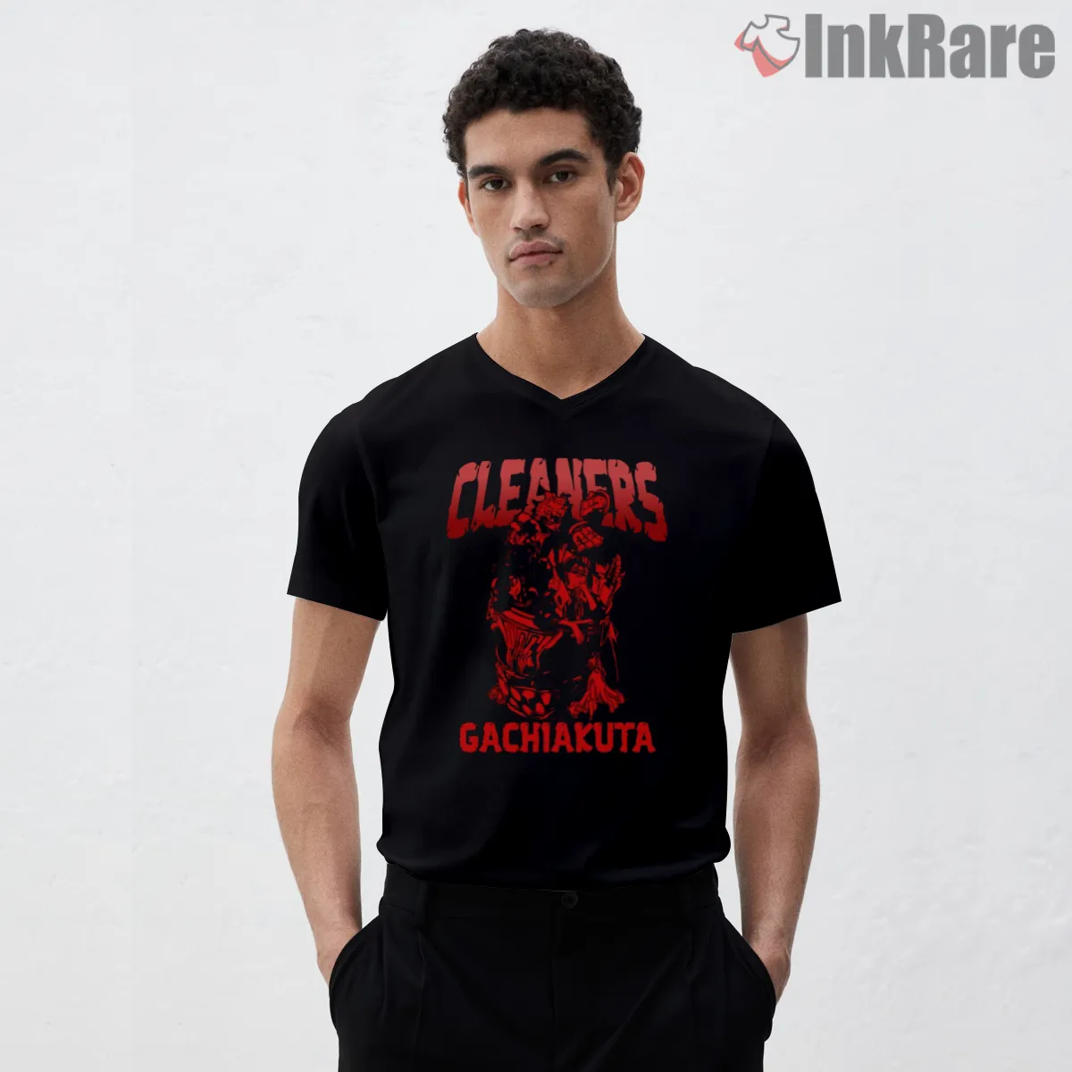 Gachiakuta Cleaners Squad Red Grunge Anime Shirt on black v-neck shirt for men graphic tee