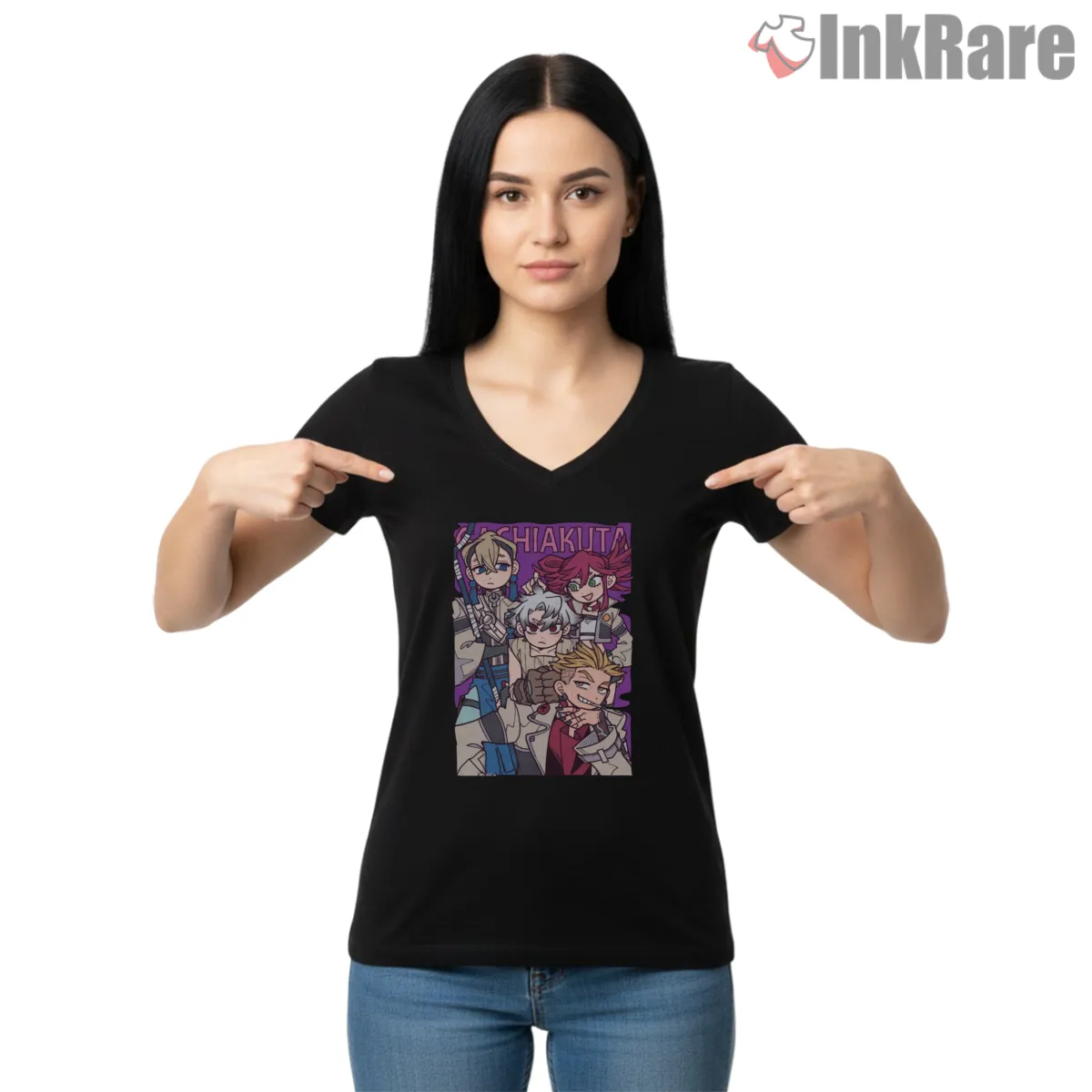 Gachiakuta Group Portrait Soft Color Anime Shirt on black v-neck shirt for women graphic tee