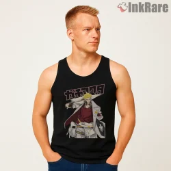 Gachiakuta Leader White Coat Power Anime Shirt on black tank top for men graphic tee