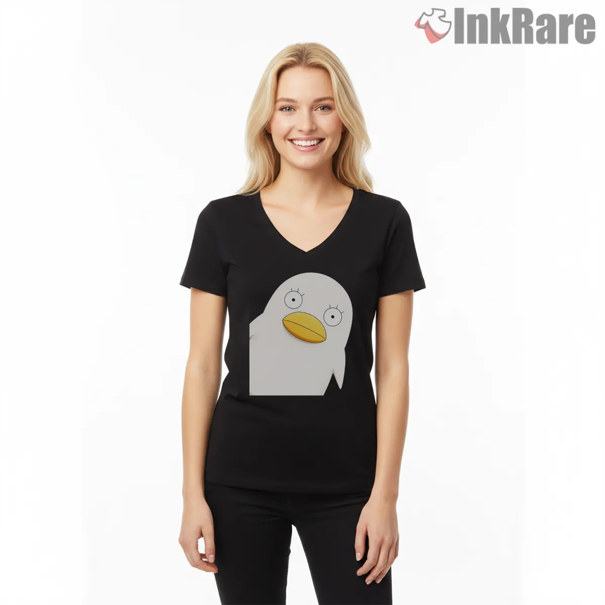 Gachiakuta Minimal Duck Meme Clean Graphic Anime Shirt on black v-neck shirt for women graphic tee