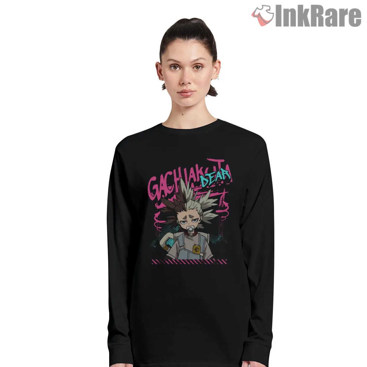 Gachiakuta Street Typography Character Portrait Shirt on black long sleeve shirt for women graphic tee