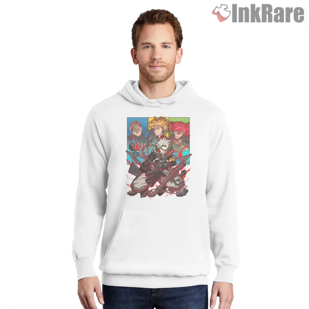 Gachiakuta Team Battle Red Energy Group Anime Shirt on white hoodie for men graphic tee