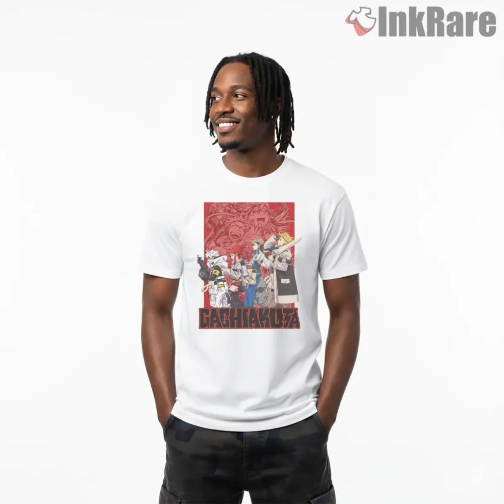 Gachiakuta Team Battle Scene Red Graphic Anime Shirt on white short sleeve shirt for men graphic tee