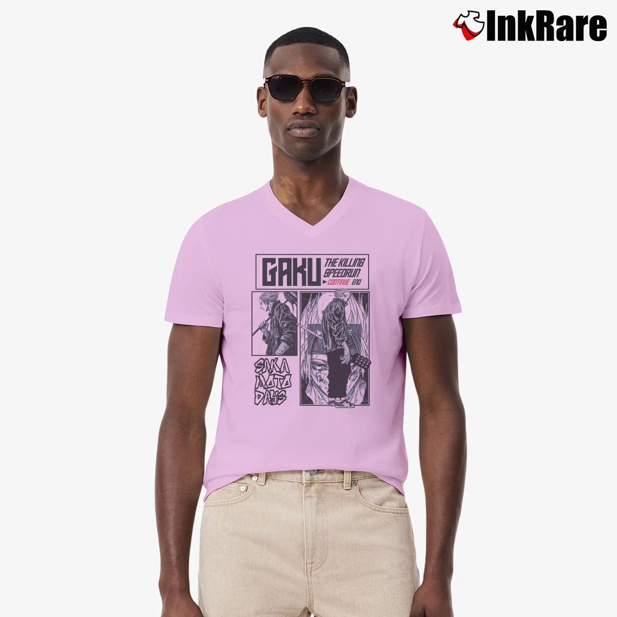 Men’s Gaku Sakamoto Days V-Neck Tee in light pink | Sharp, Breathable, Everyday Staple