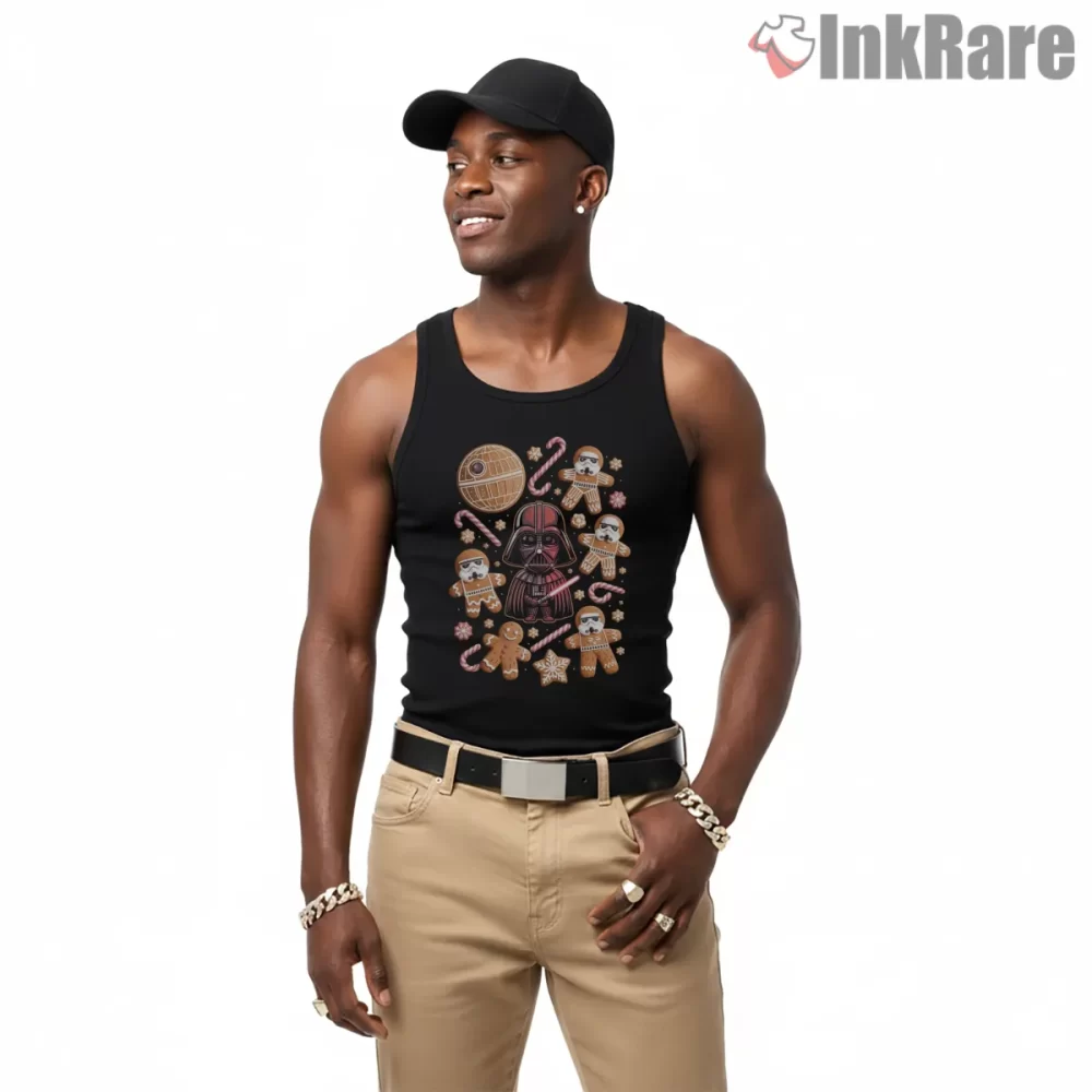 Galactic Empire Gingerbread Holiday Shirt on black tank top for men graphic tee