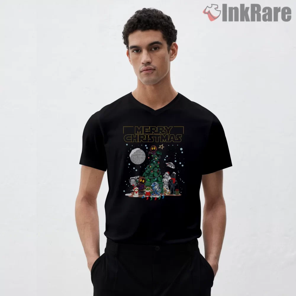 Galactic Merry Christmas Cartoon Holiday Shirt on black v-neck shirt for men graphic tee