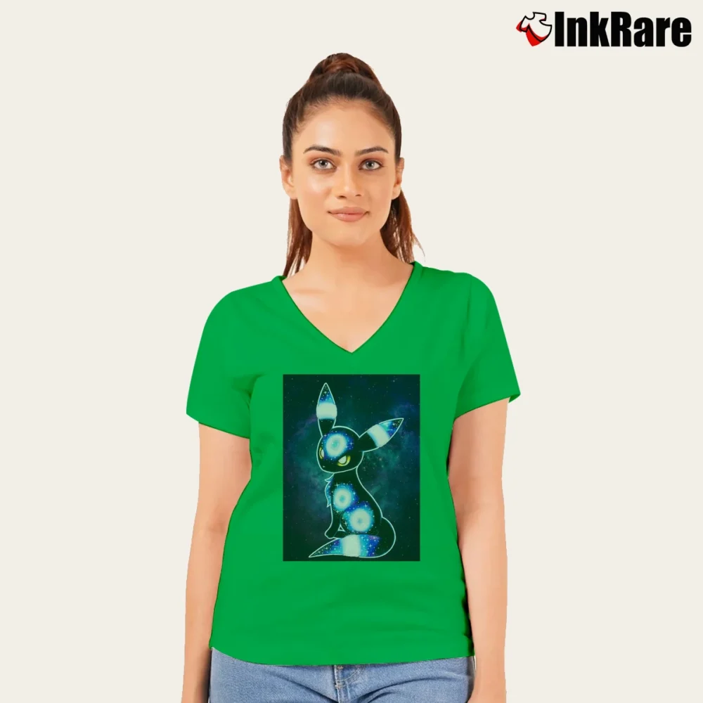 Women’s Galaxy Umbreon Pokemon Classic Graphic V-Neck Tee in irish green | Chic Neckline, Soft Texture
