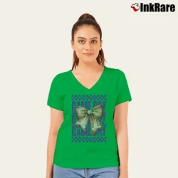 Women’s Game Day Team Mascot Bow Coquette Football Mom V-Neck Tee in irish green | Chic Neckline, Soft Texture