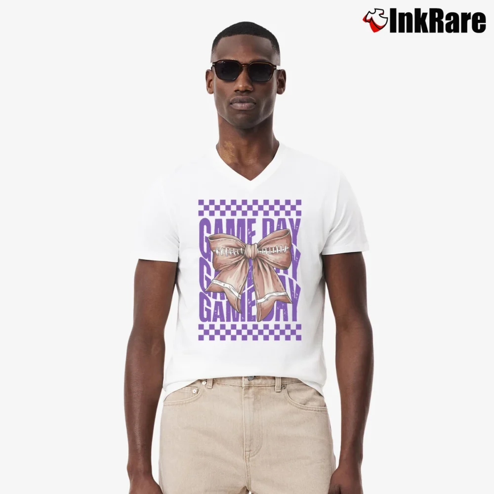 Men’s Game Day Team Mascot Bow Coquette Football Mom V-Neck Tee in white | Sharp, Breathable, Everyday Staple