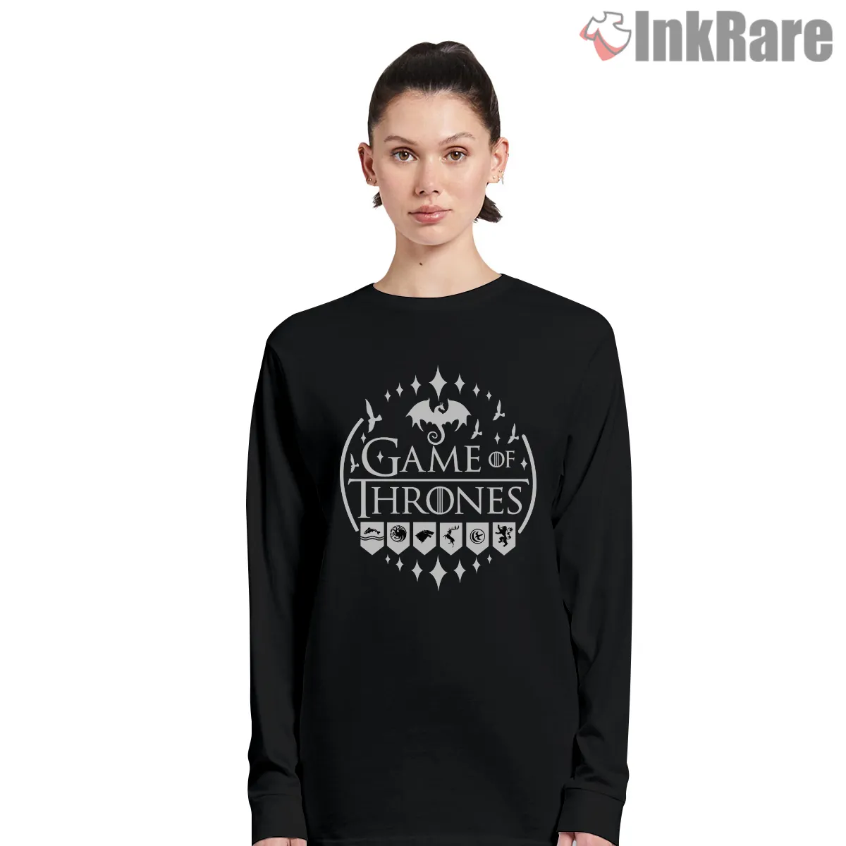 Game Of Thrones Houses Sigils Circle Emblem Long Sleeve Black Game Of Thrones Houses Sigils Circle Emblem Shirt on black long sleeve shirt for women graphic tee