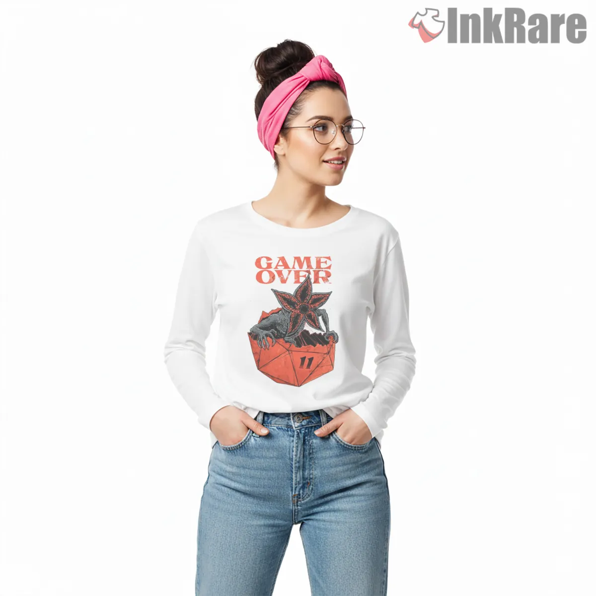 Game Over Demogorgon Dice Horror Shirt on white long sleeve shirt for women graphic tee