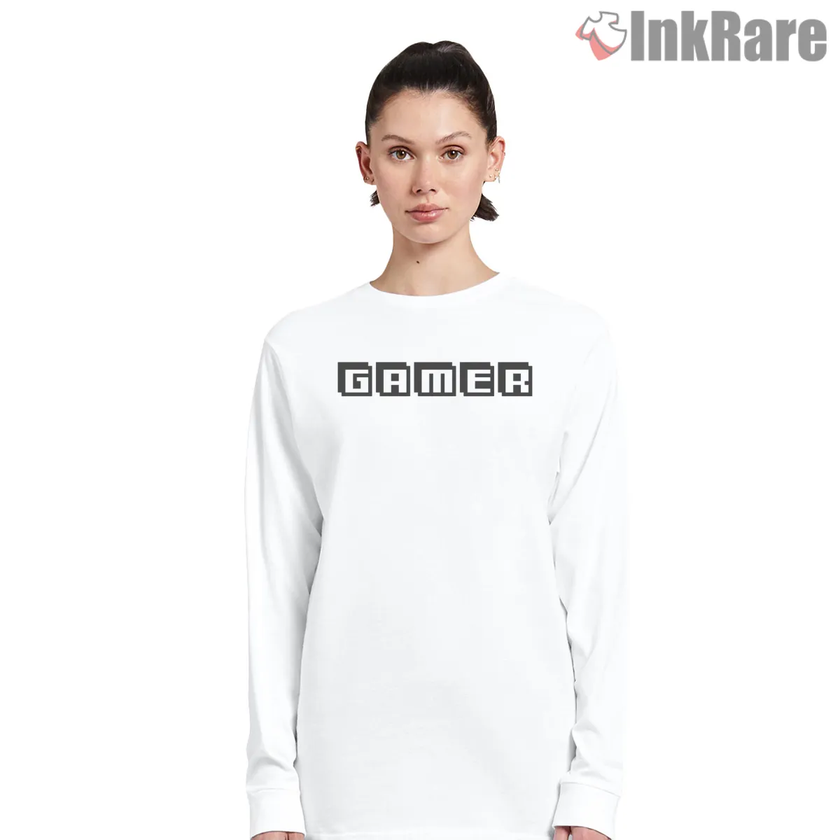 Gamer Pixel Text Minimal Retro Arcade Gta Shirt on white long sleeve shirt for women graphic tee
