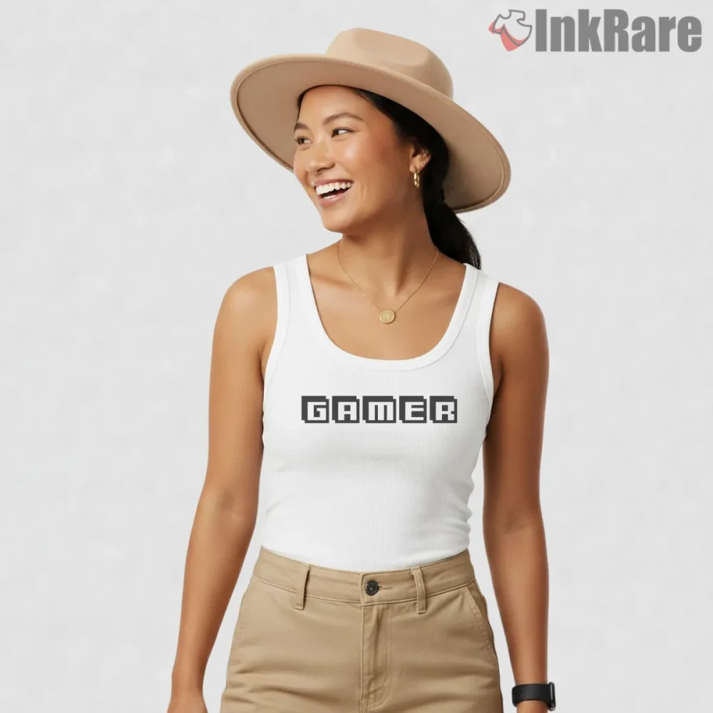 Gamer Pixel Text Minimal Retro Arcade Gta Shirt on white tank top for women graphic tee