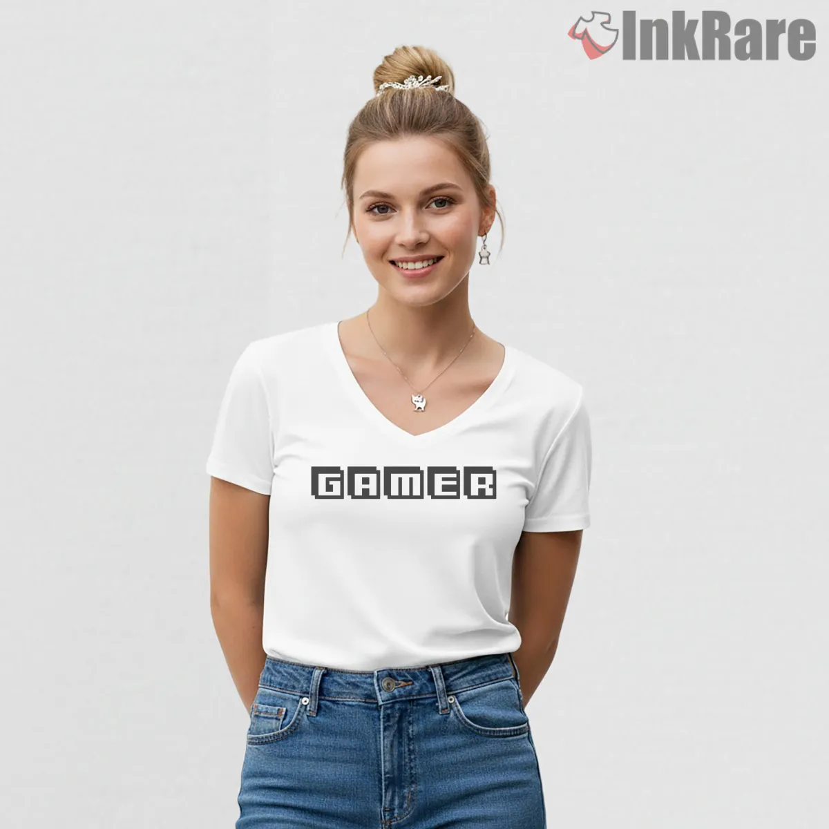 Gamer Pixel Text Minimal Retro Arcade Gta V Neck White Gamer Pixel Text Minimal Retro Arcade Gta Shirt on white v-neck shirt for women graphic tee