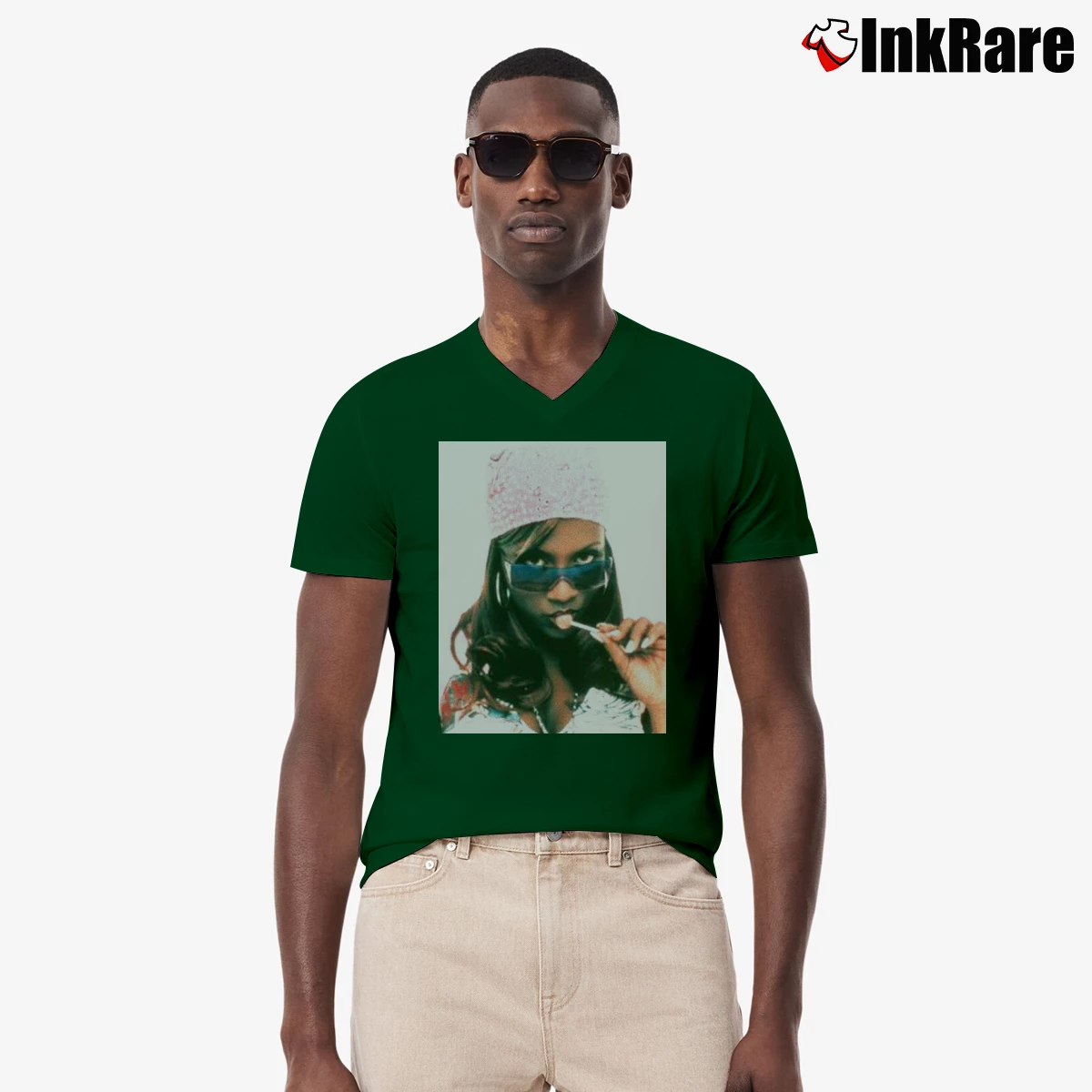Men’s Gangsta Boo Three Six Mafia 90s V-Neck Tee in forest green | Sharp, Breathable, Everyday Staple