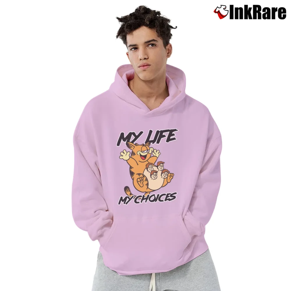Men’s Garfield And Friends My Life My Choices Funny Quote Cartoon Pullover Hoodie in light pink | Cozy, Durable, Modern Fit
