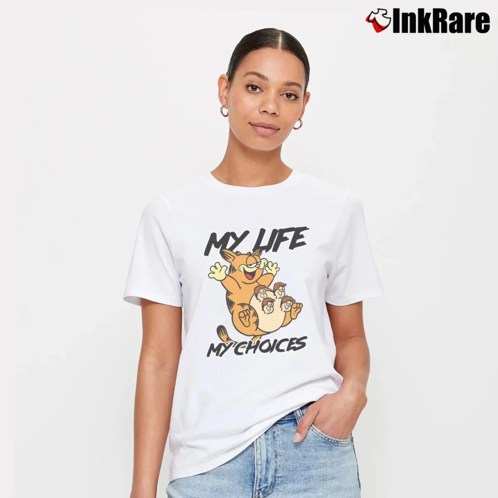 Women’s Garfield And Friends My Life My Choices Funny Quote Cartoon Signature T-Shirt in white | Soft, Flattering Fit
