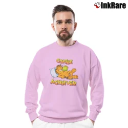 Men’s Garfield Cat Coffee Achiever 80s Vintage Comic Style Crewneck Sweatshirt in light pink | Cozy Fabric, Clean Style