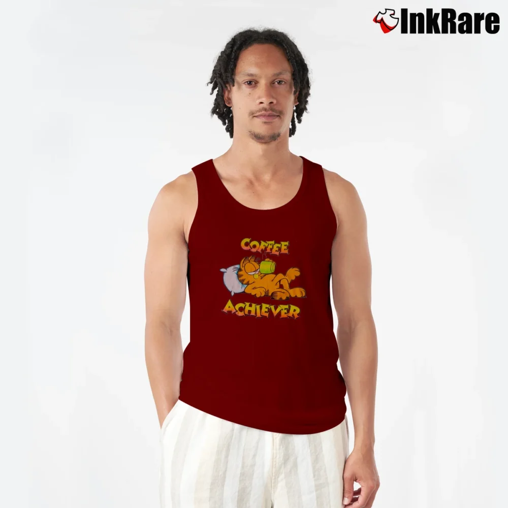 Men’s Garfield Cat Coffee Achiever 80s Vintage Comic Style Tank Top in maroon | Breathable, Active-Friendly Design